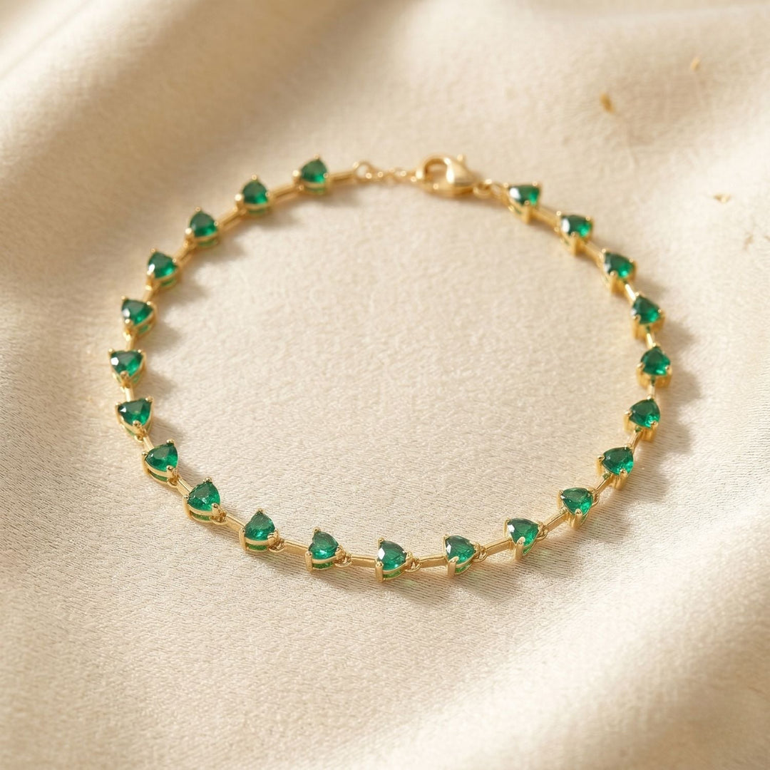 18ct Gold Plated Emerald May Birthstone Heart Tennis Bracelet