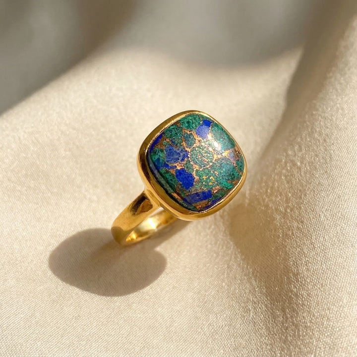 Azurite and Malchite Gemstone Gold Plated Ring