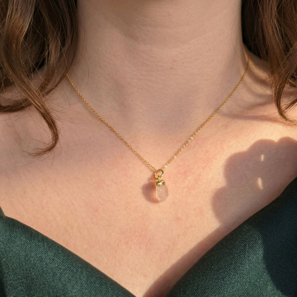 Raw Rose Quartz October Birthstone Gold Plated Necklace
