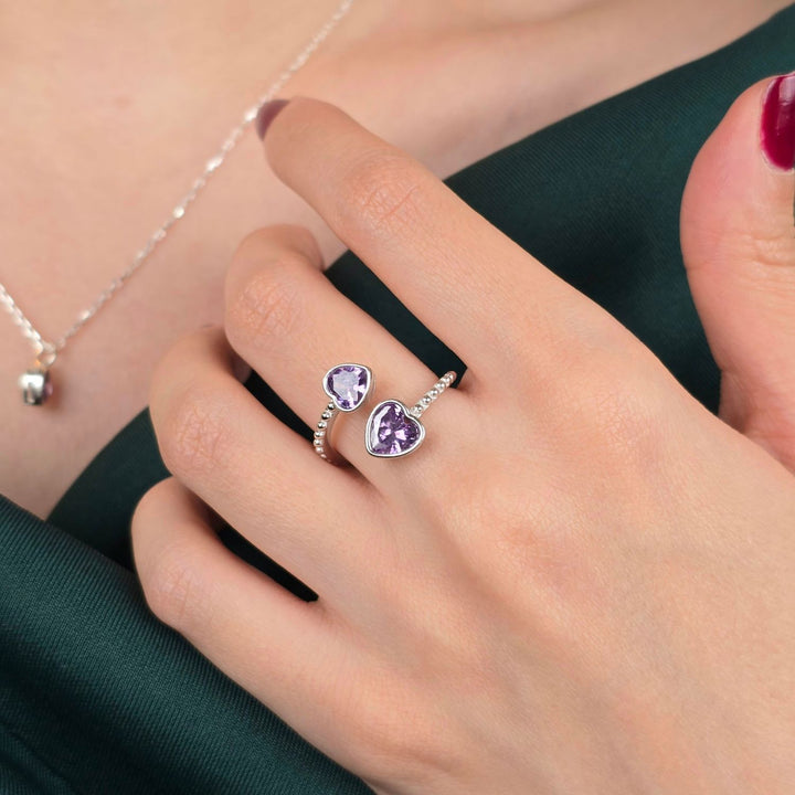 Double Heart Amethyst Heart February Birthstone Adjustable Silver Ring
