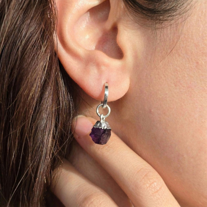 Raw Amethyst February Birthstone Sterling Silver Huggies