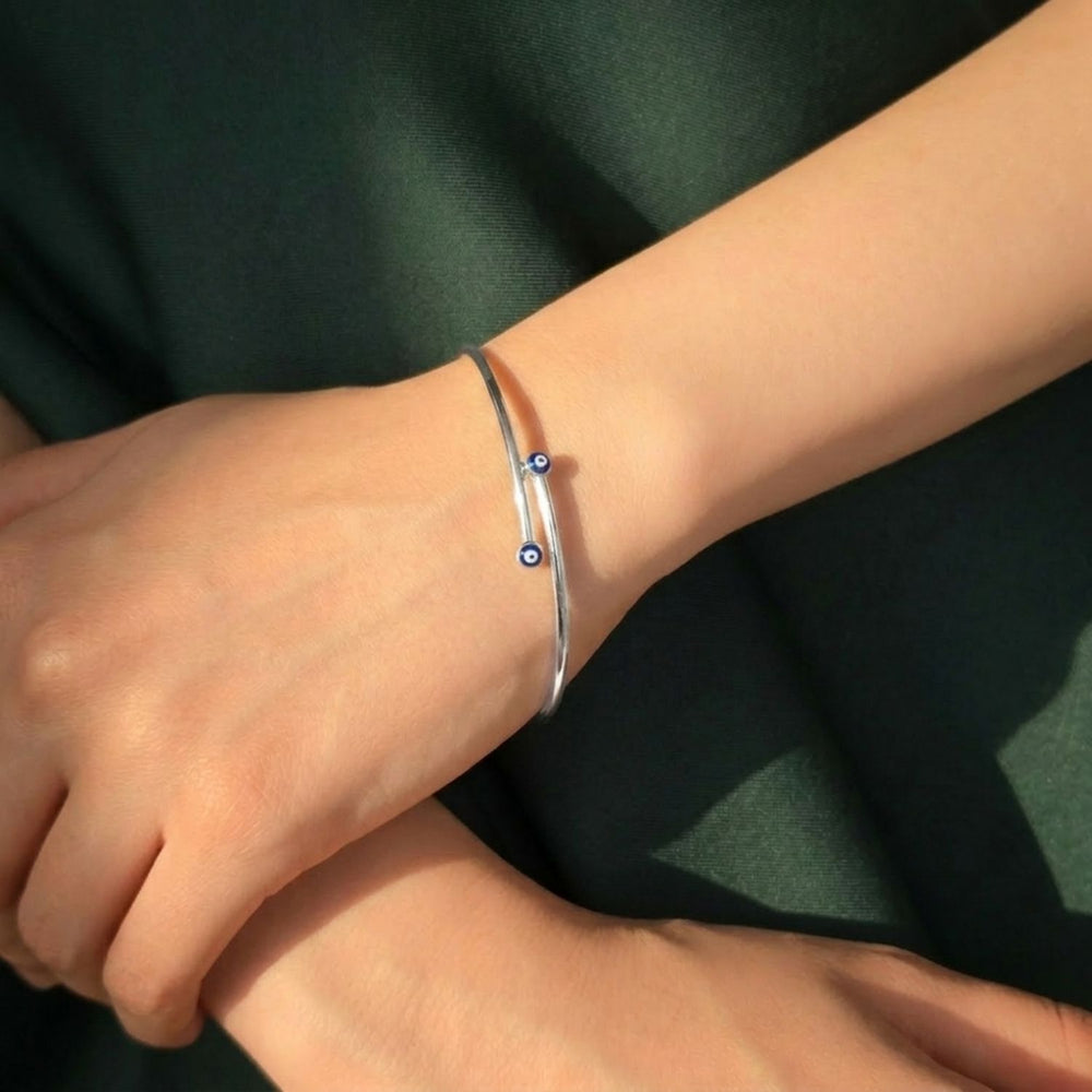 Turkish Blue Evil Eye Minimalist Sterling Silver Bangle