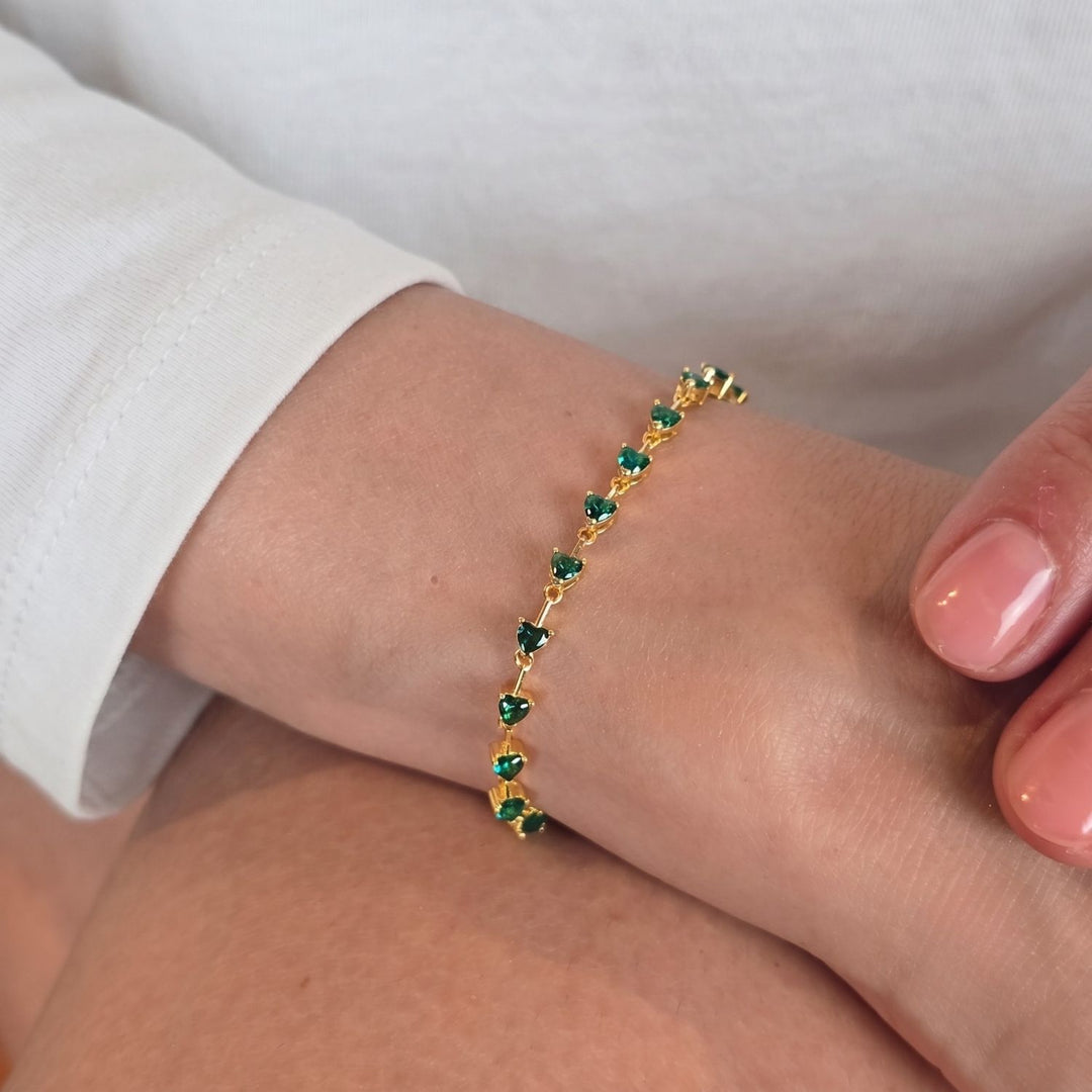 Emerald May Birthstone Heart Tennis Gold Plated Bracelet