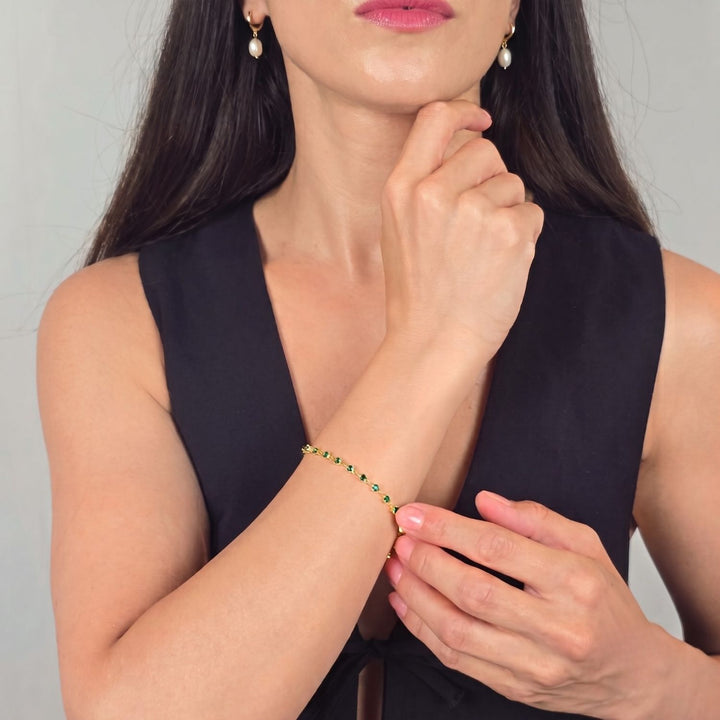 Emerald May Birthstone Heart Tennis Gold Plated Bracelet