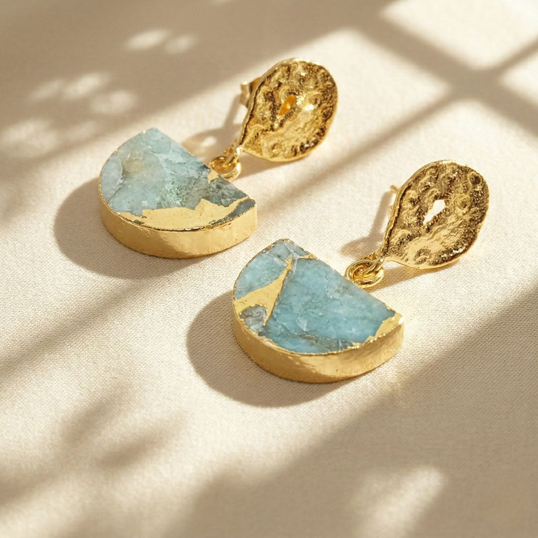 Aquamarine March Birthstone Statement Hammered Earrings