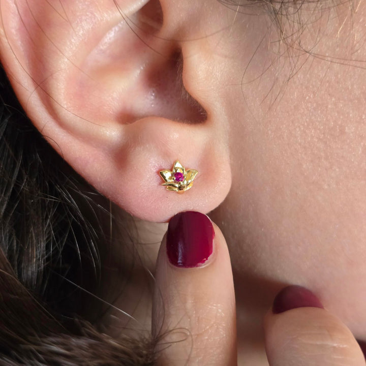 Ruby July Birthstone Larkspur Birthflower Gold Plated Stud Earrings