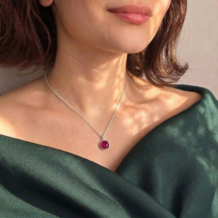Sterling Silver Plated Round Ruby Necklace