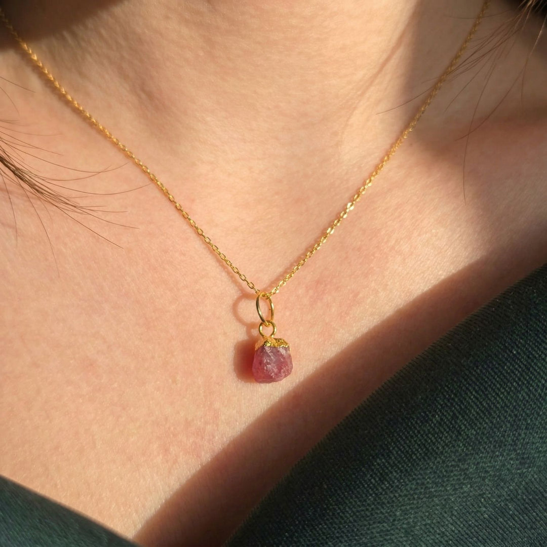 Raw Pink Tourmaline October Birthstone Gold Plated Charm Necklace