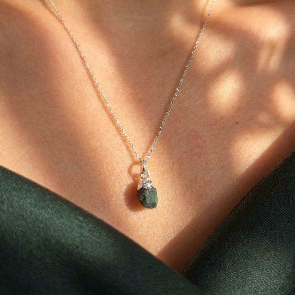 Raw Emerald Sterling Silver May Birthstone Necklace