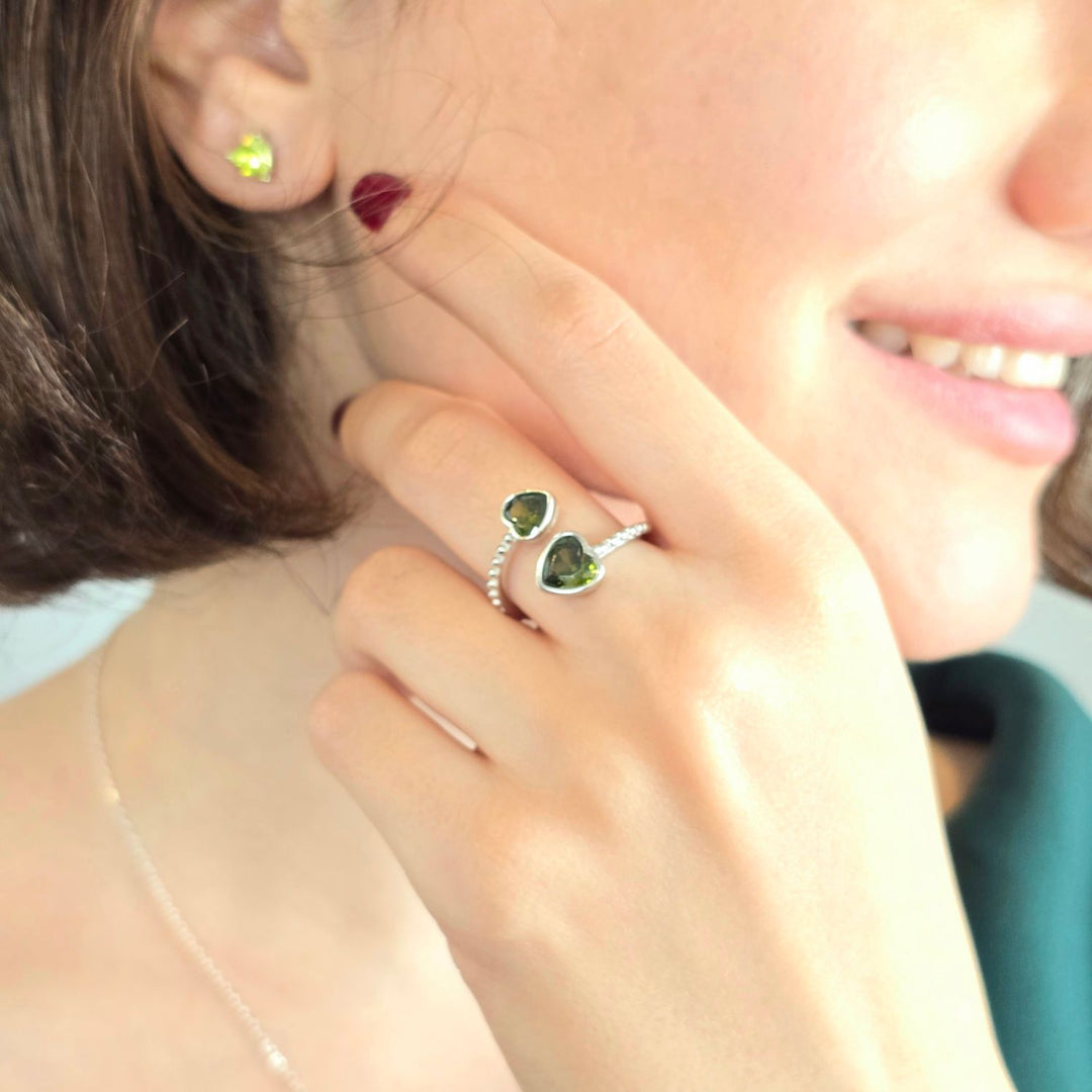 Double Heart Peridot Heart August Birthstone Adjustable Silver Ring