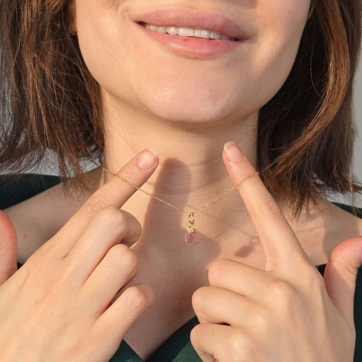 Raw Pink Tourmaline October Birthstone Gold Plated Charm Necklace