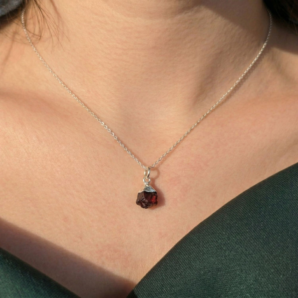 Sterling Silver Raw Garnet January Birthstone Crystal Necklace