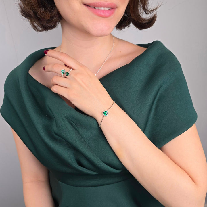 Double Heart Emerald Heart May Birthstone Adjustable Silver Ring