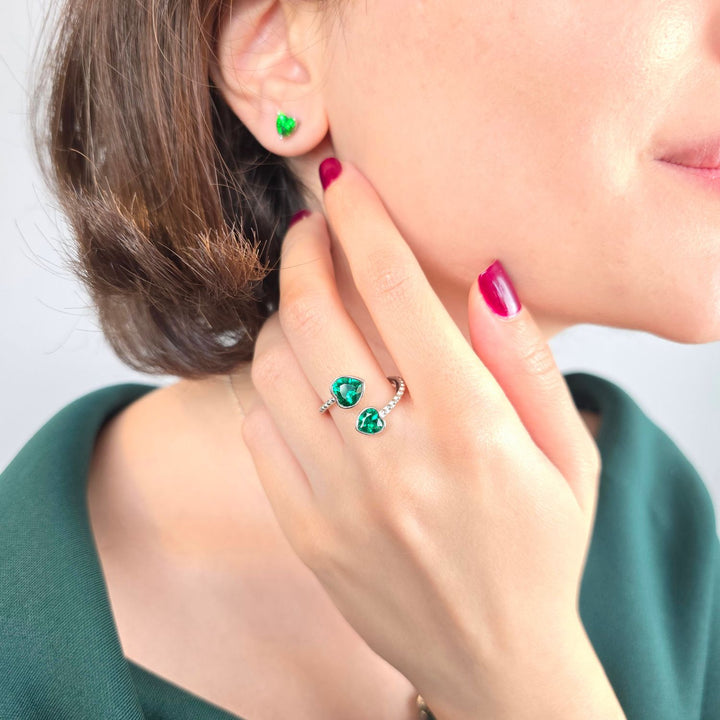 Double Heart Emerald Heart May Birthstone Adjustable Silver Ring