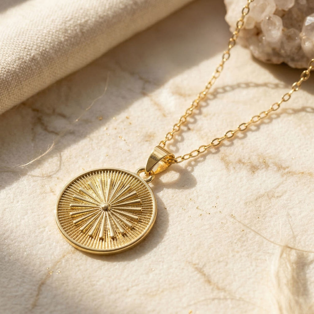 Plated Round Coin Medallion Sun Charm Necklace