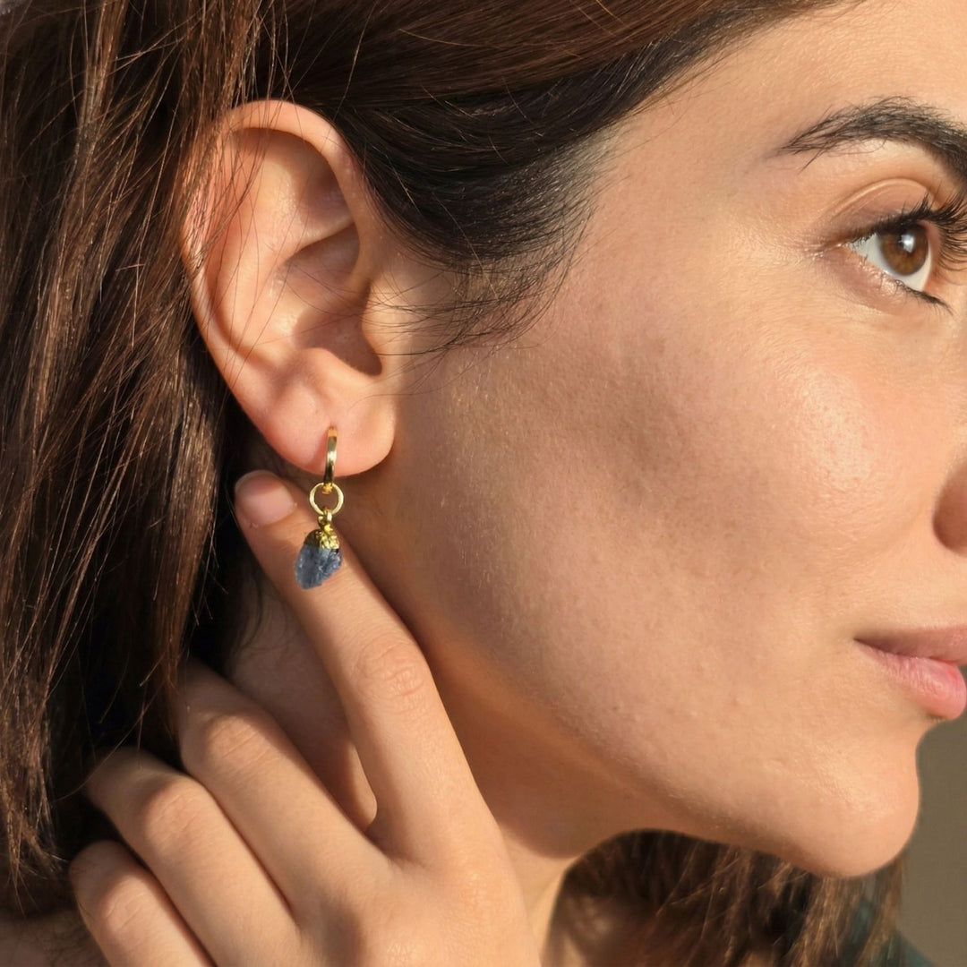 Raw Sapphire September Birthstone Gold Plated Huggies