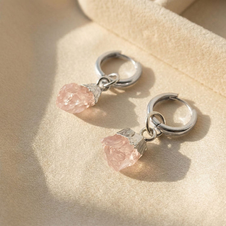 Raw Rose Quartz Sterling Silver Round Huggies