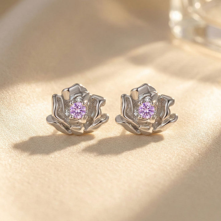 Sterling Silver Alexandrite June Birthstone Rose Birthflower Stud Earrings