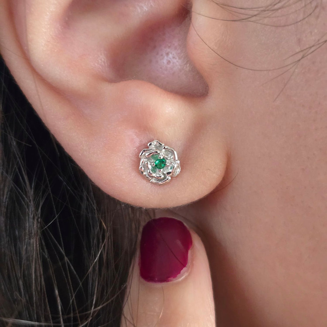 Emerald May Birthstone Hawthorn Birthflower Sterling Silver Stud Earrings