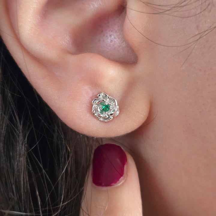 Emerald May Birthstone Hawthorn Birthflower Sterling Silver Stud Earrings