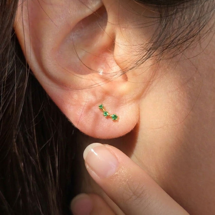 Tiny Emerald May Birthstone Climber Stud Earrings