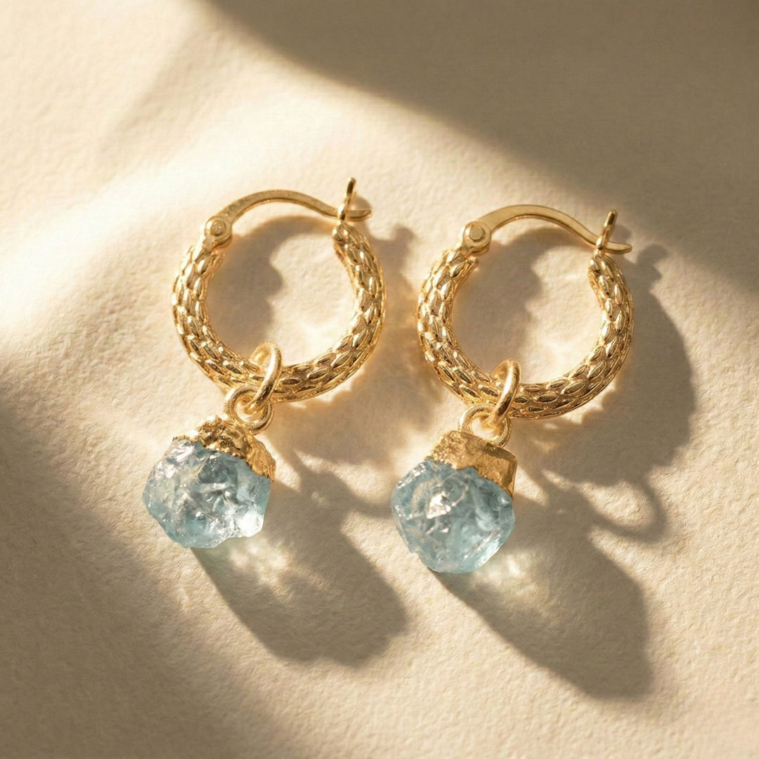 Raw Aquamarine March Birthstone Huggie Hoops Gold Vermeil Plated Gemstone Earrings