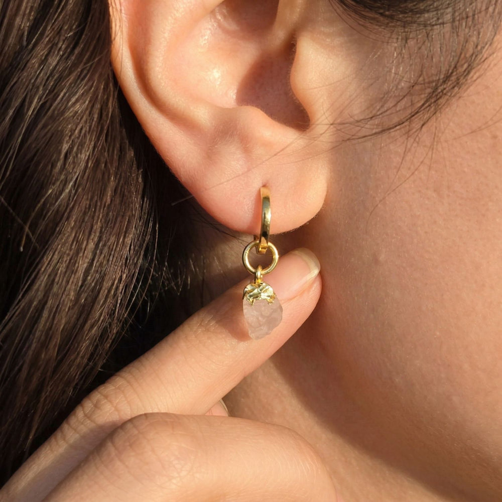 Raw Rose Quartz October Birthstone Gold Plated Huggies