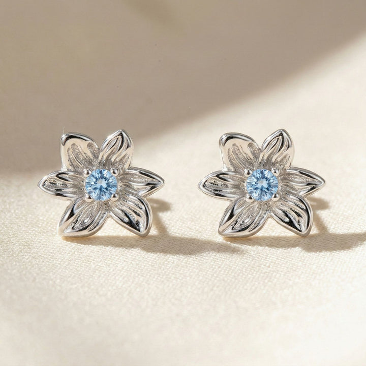 Aquamarine March Birthstone Daffodil Birthflower Sterlling Silver Stud Earrings