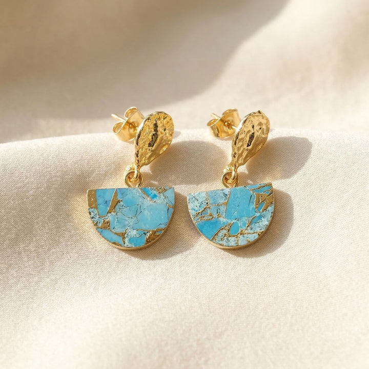 Statement Blue Turquoise December Birthstone Hammered Gold Plated Earrings