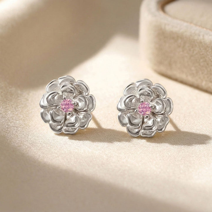 Sterling Silver Pink Toumaline October Birthstone Marigold Birthflower Stud Earrings