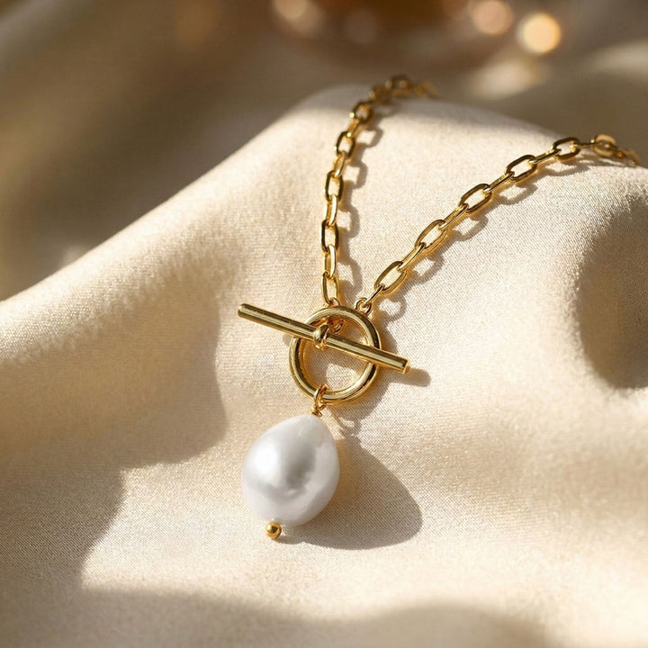 18ct Gold Vermeil Pearl T-Bar Necklace - June Birthstone