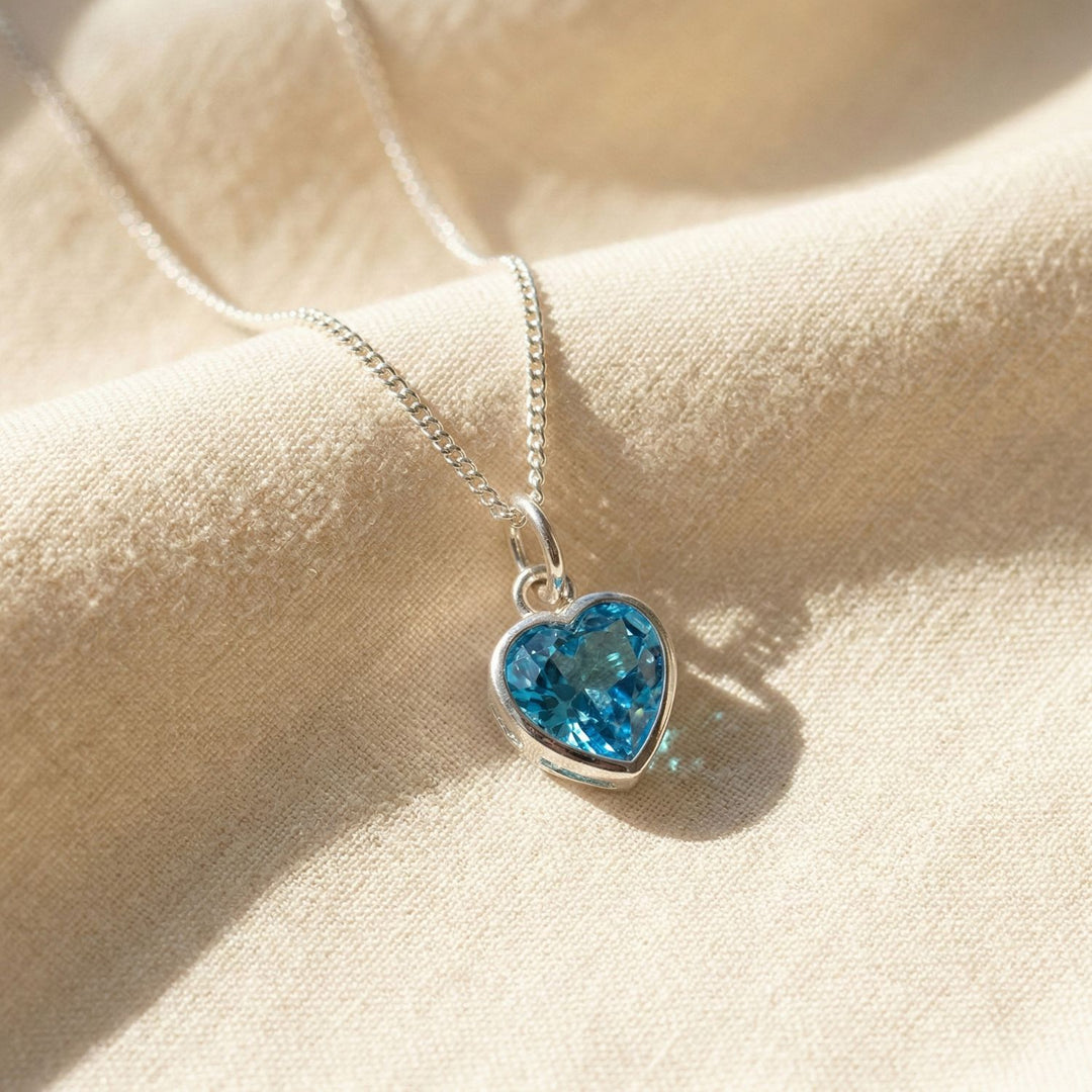 Mini Heart Silver Aquamarine March Birthstone Necklace