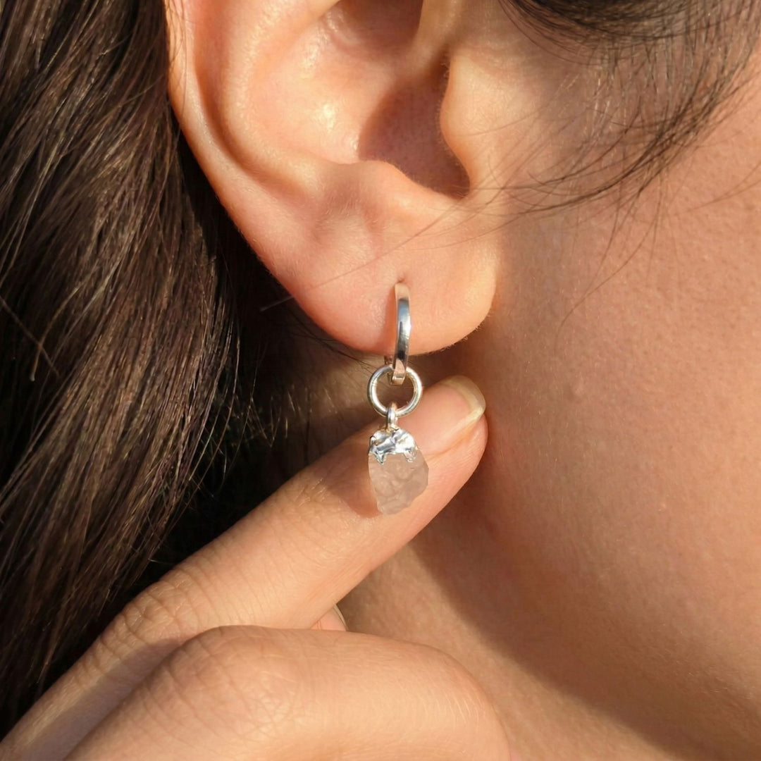Raw Rose Quartz Sterling Silver Round Huggies