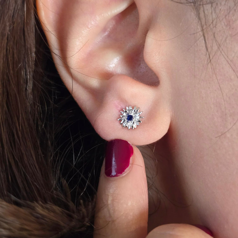 Sapphire September Birthstone Aster Birthflower Sterling Silver Stud Earrings
