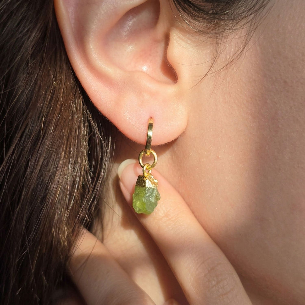 Raw Peridot August Birthstone Gold Plated Huggies