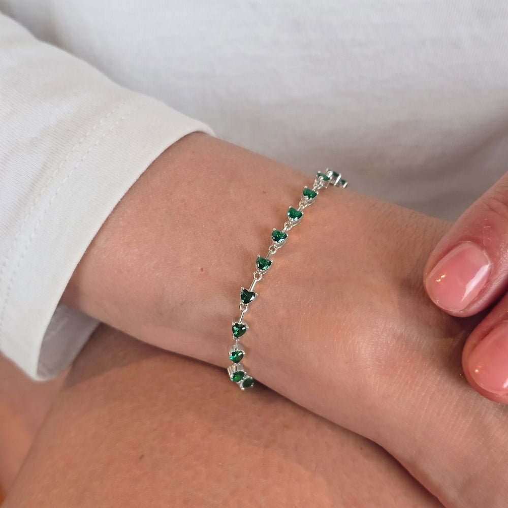 Emerald May Birthstone Heart Tennis Silver Bracelet