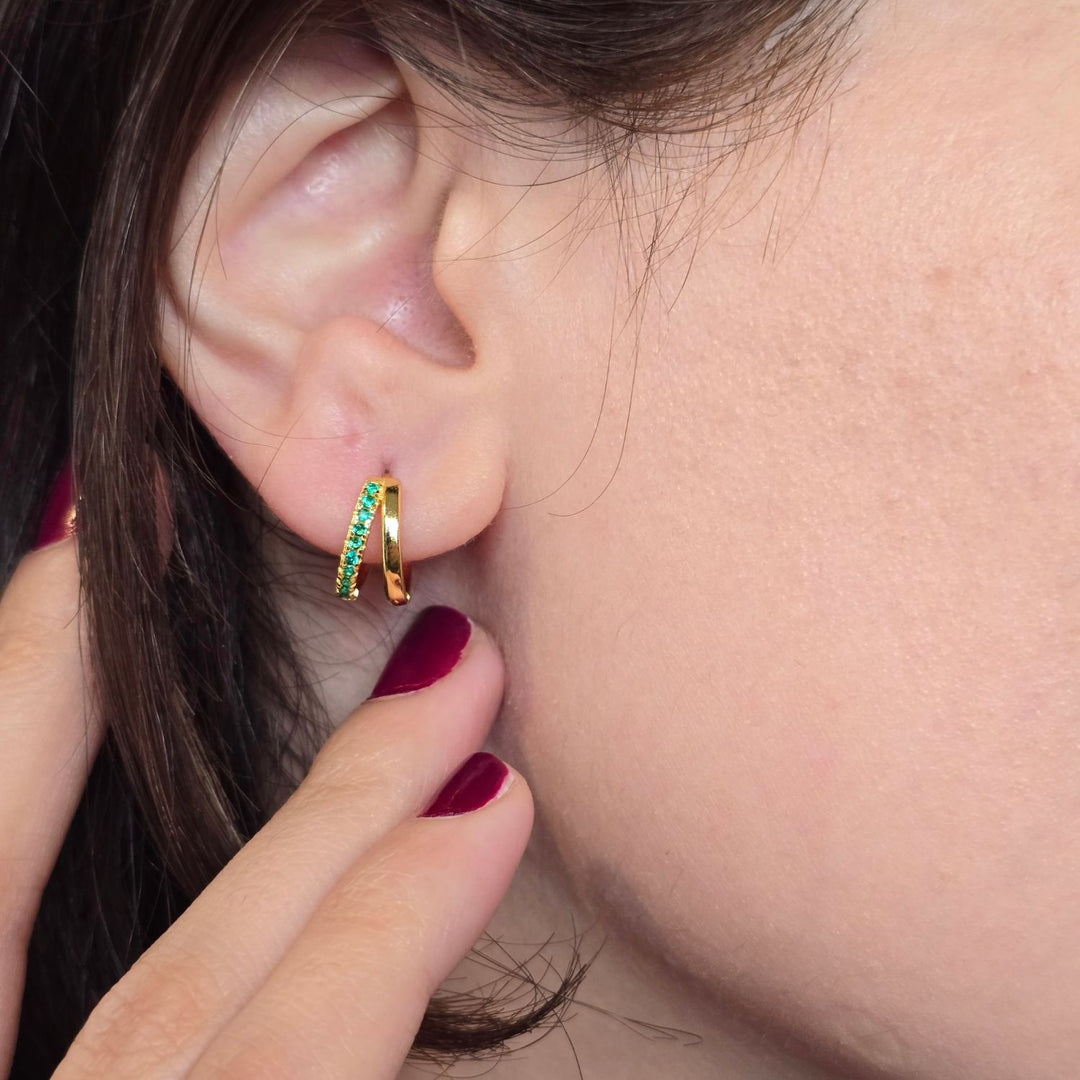 Emerald May Birthstone Double Hoop Small Huggie Gold Plated Earrings