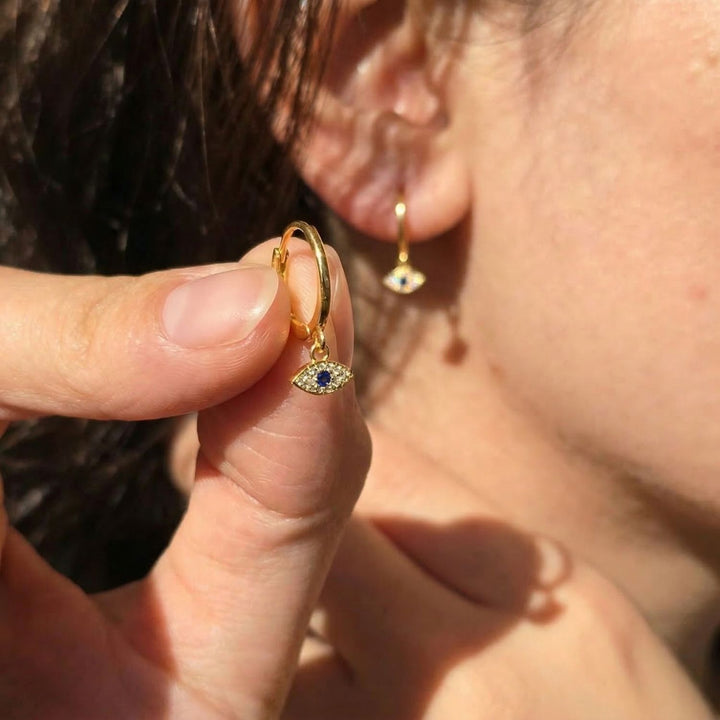 Minimalist Small Evil Eye Charm Dainty Hoop Gold Plated Earrings