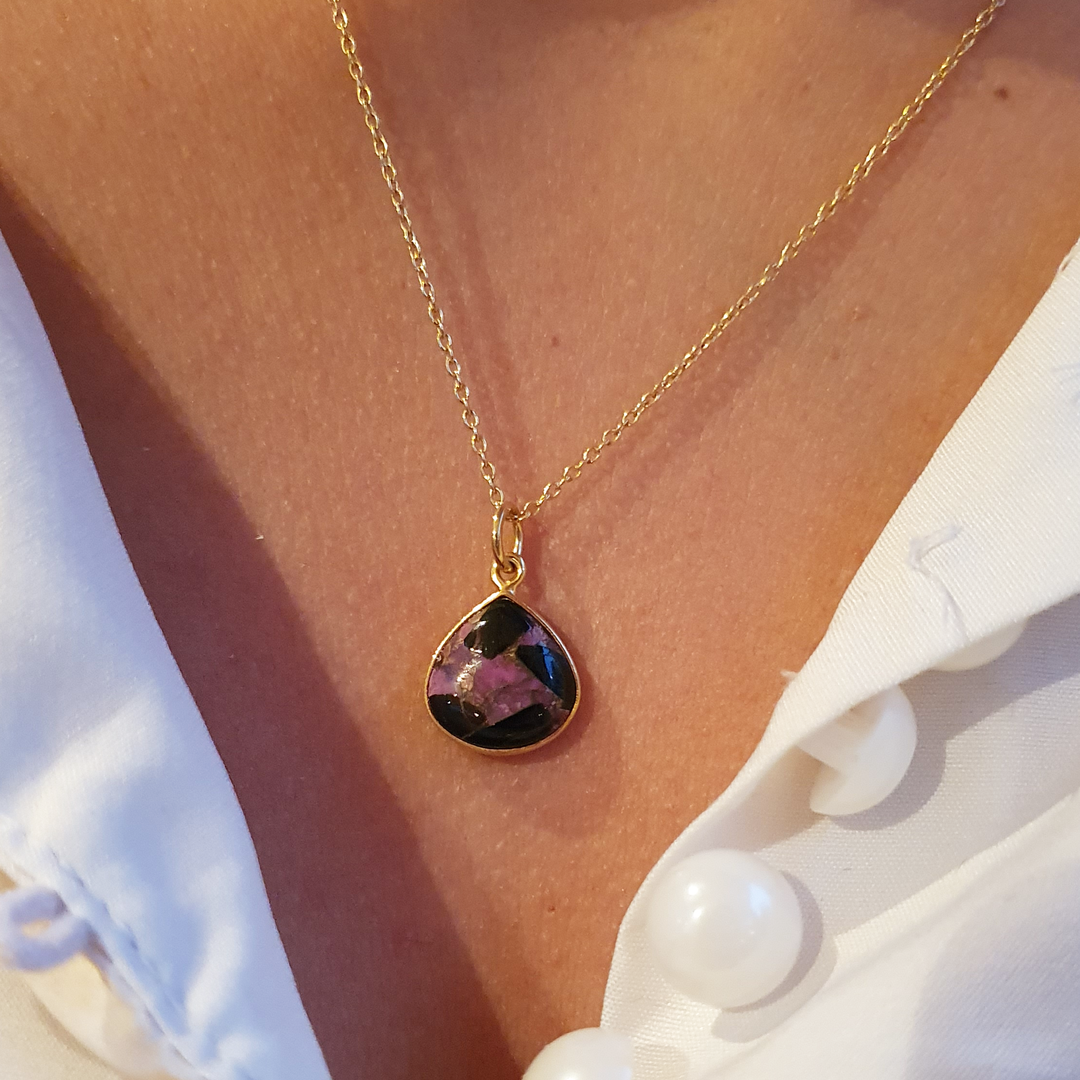 18ct Gold Vermeil Plated Ruby &amp; Black Turquoise Necklace