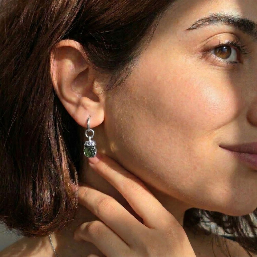 Raw Emerald May Birthstone Sterling Silver Huggies