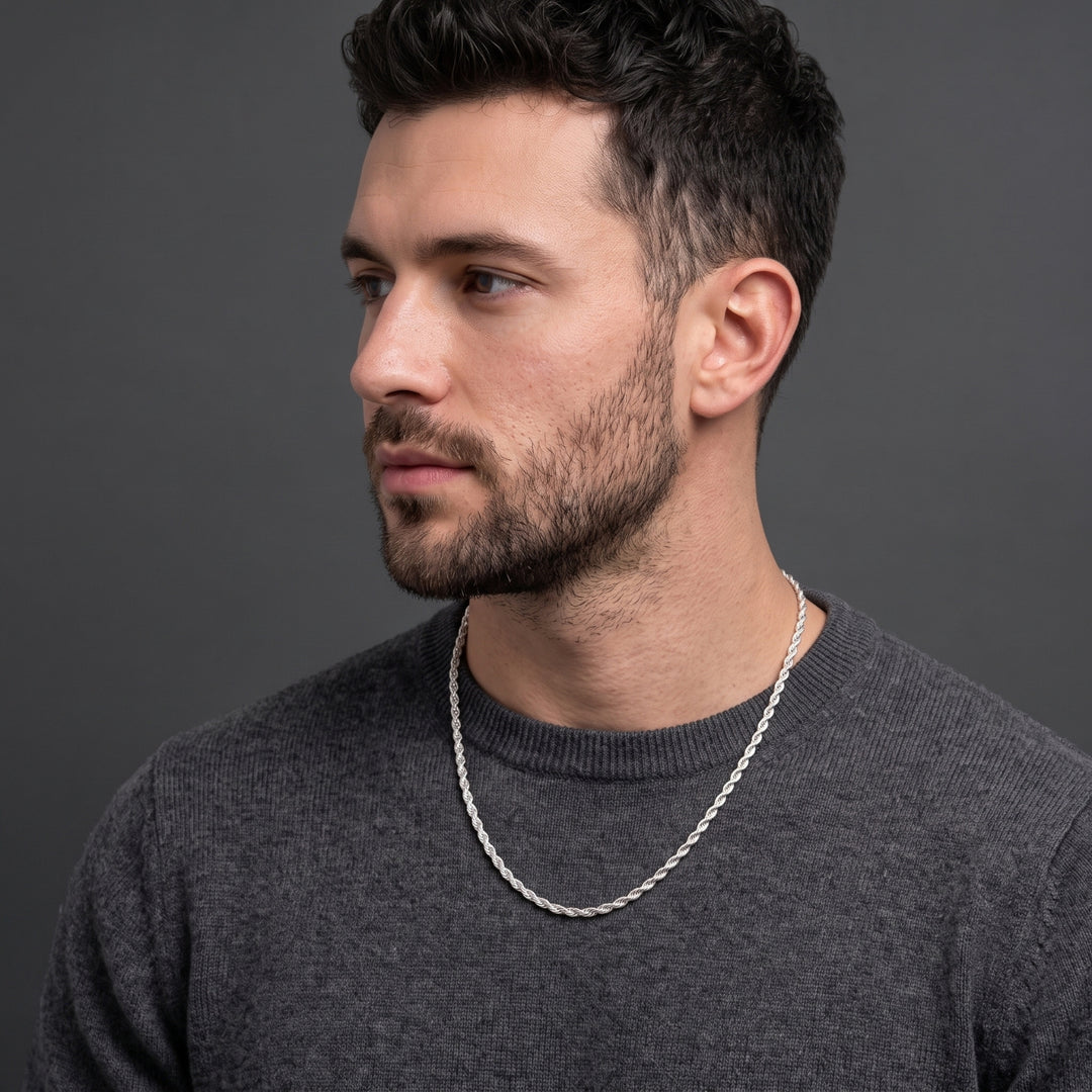 3mm Silver Rope Chain Necklace For Men