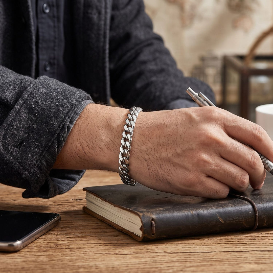 Silver Cuban Curb Chain Bracelet For Men