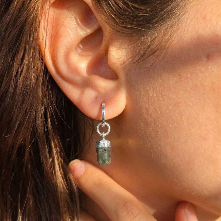 Raw Emerald May Birthstone Sterling Silver Huggies