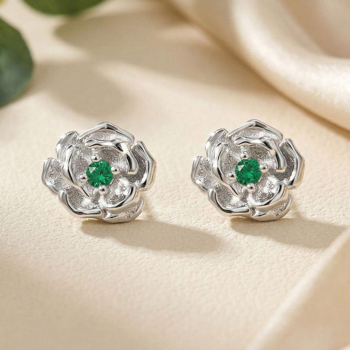 Sterling Silver Emerald May Birthstone Hawthorn Birthflower Stud Earrings