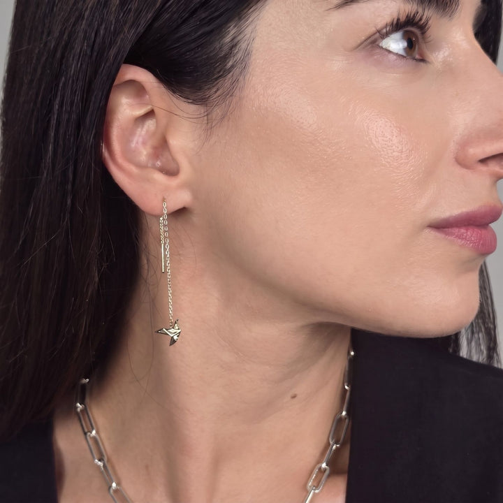 Origami Crane Japanese Threader Sterling Silver Earrings