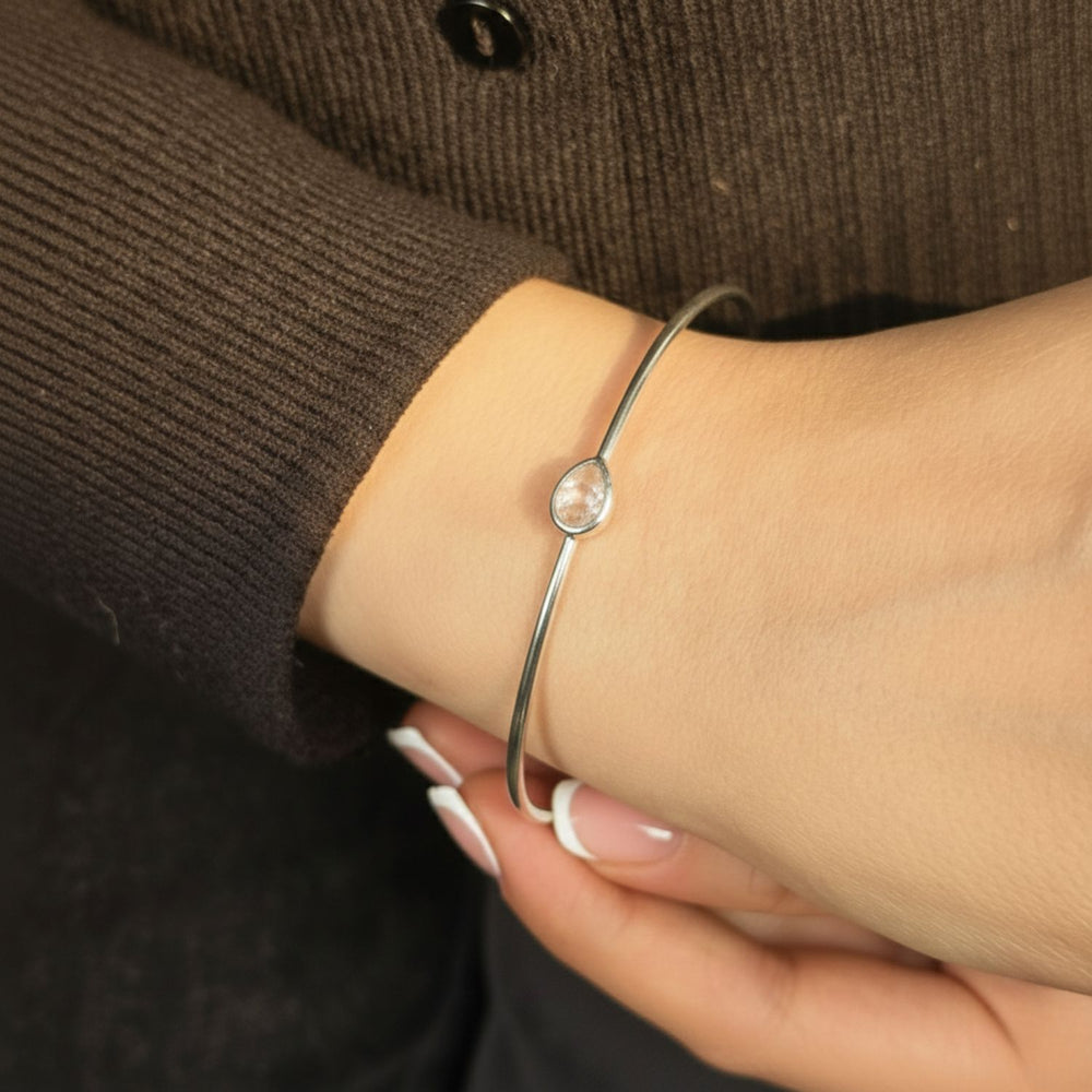 Minimalist Sterling Silver White Topaz April Birthstone Bangle Bracelet