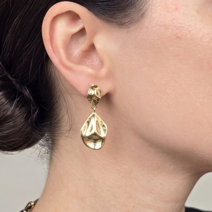 Gold Plated Hammered Teardrop Dangle Earrings