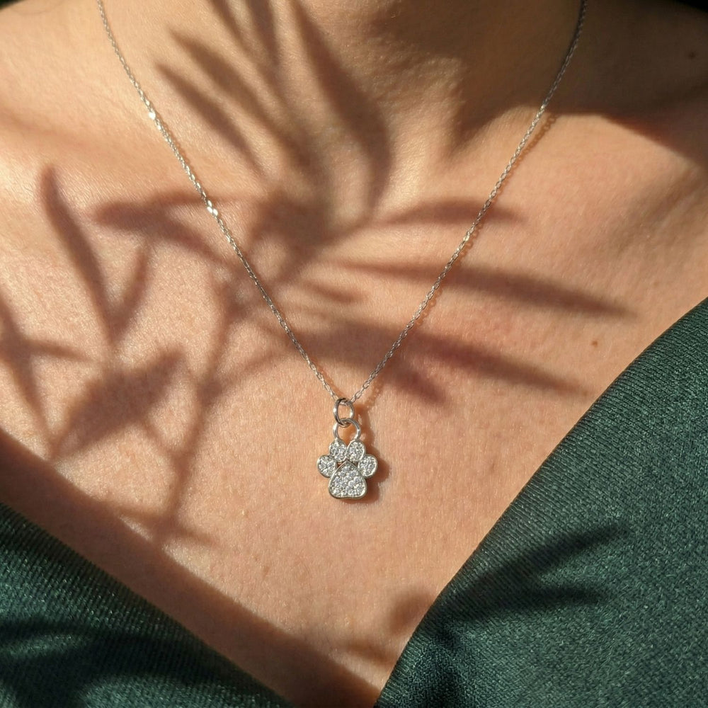 Mini Dog Cat Paw Print Charm Silver Necklace