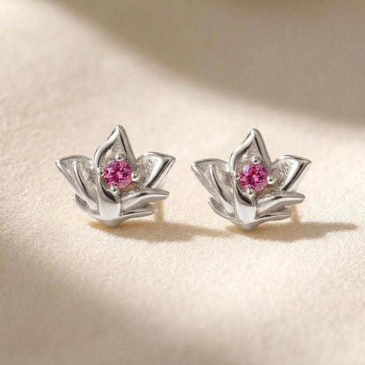 Sterling Silver Ruby July Birthstone Larkspur Birthflower Stud Earrings