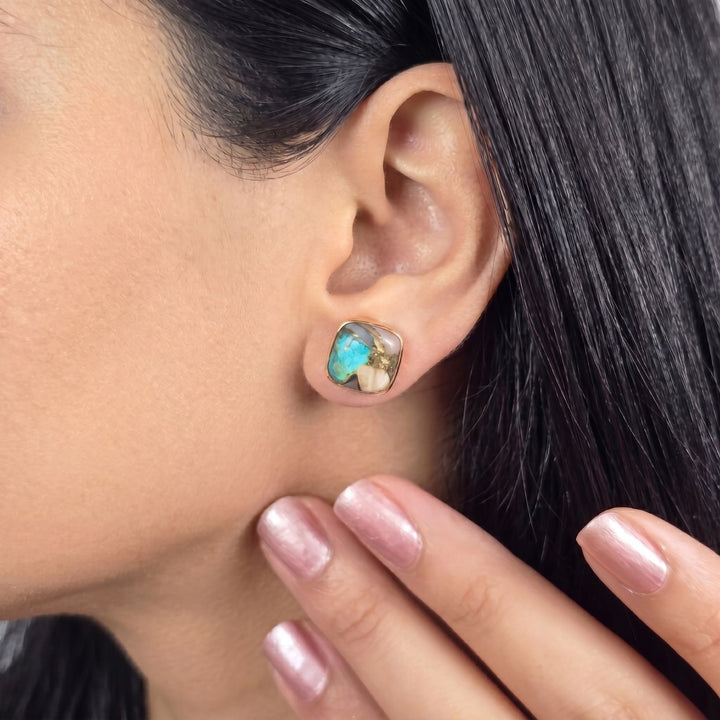 Rose Gold Vermeil Plated Opal And Turquoise Gemstone Stud Earrings